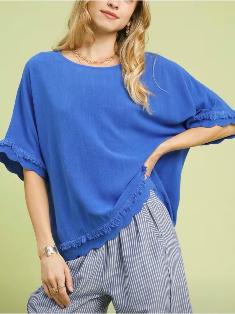 Umgee Royal Blue Fringe-Hem Relaxed Blouse